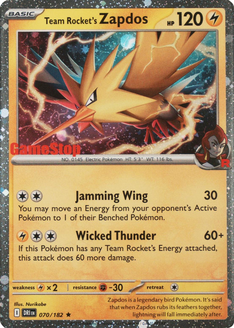 Team Rocket's Zapdos (070/182) (GameStop Exclusive) [Miscellaneous Cards]