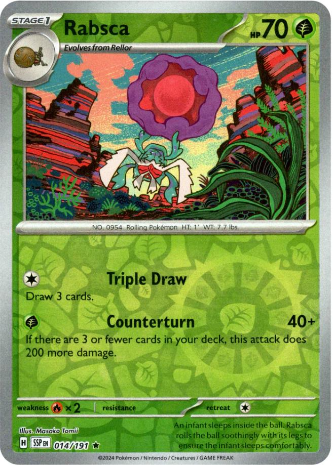 rabsca pokemon card - 215/193 - Paldea Evolved - Illustration Rare RarityUncommon Hit Points70 HP Grass Psychic (10+ This attack does 30 more damage for each Energy attached to your opponents Active Pokemon.) Rabsca (014/191) [Scarlet & Violet: